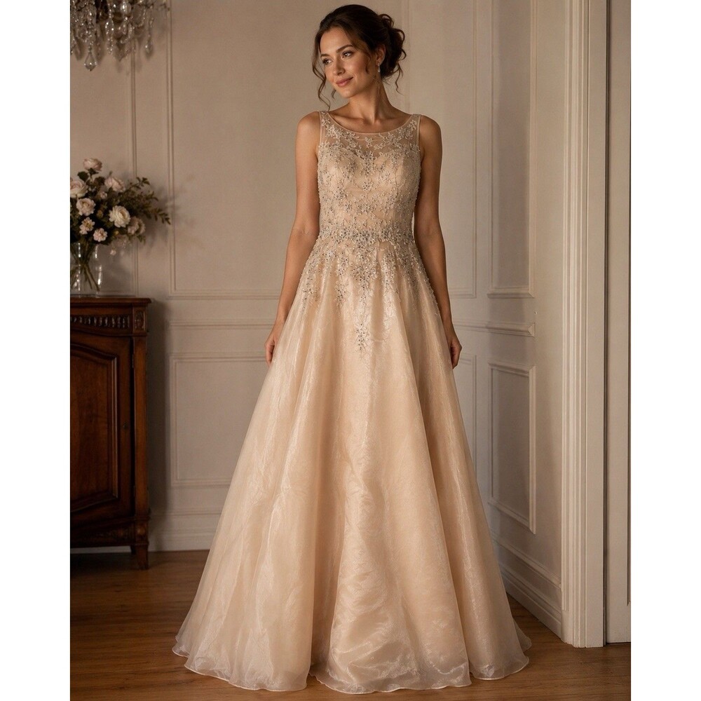 Champagne Beaded Formal Gown Illusion Neck Ball Maxi Dress Bridal Prom Size 10